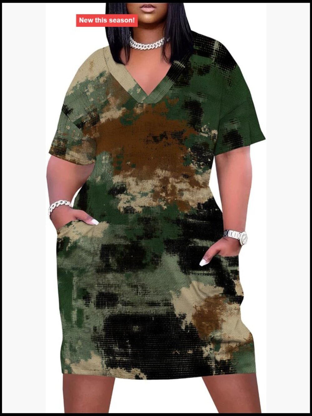 Plus Size V Neck Short Sleeve Midi Dress with Pockets Casual Vacation Sundress